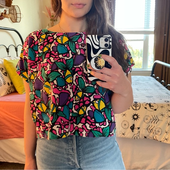 Vintage Handmade 80s 90s Fish Print Knit Dolman Top - Picture 3 of 4